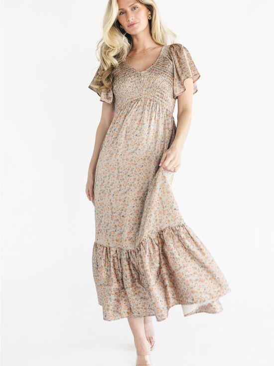 Baltic Born Dresses & Skirts - Floral Smocked Flutter-Sleeve Maxi Dress - Sage Beige Floral (Large NWT)